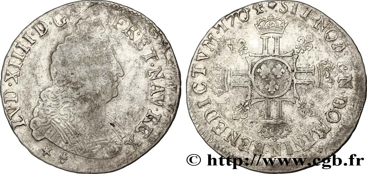 LOUIS XIV LE GRAND OU LE ROI SOLEIL Demi-écu aux huit L 1704 Montpellier TB+