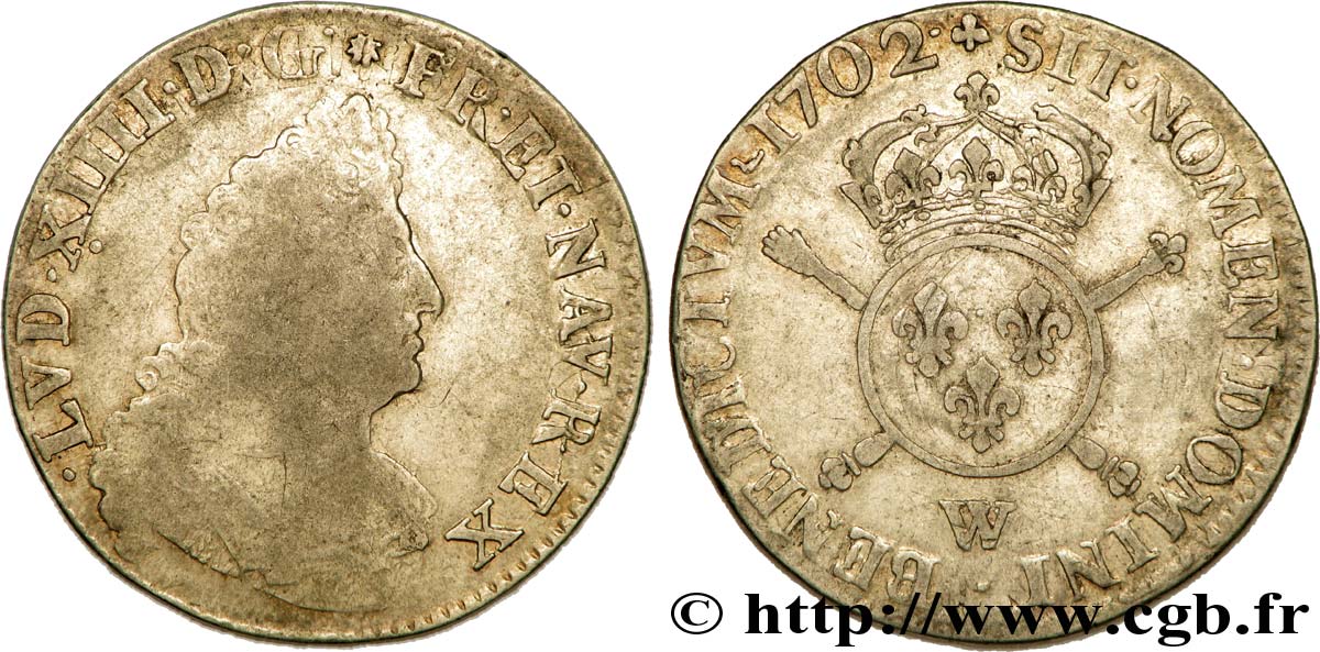LOUIS XIV LE GRAND OU LE ROI SOLEIL Demi-écu aux insignes 1702 Lille TB+