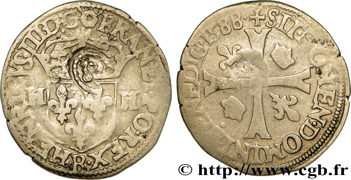 HENRI III Douzain aux deux H, 3e type 1588 Rouen TTB