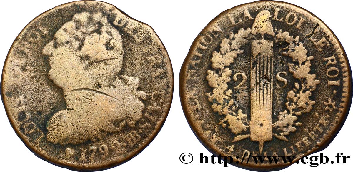 LOUIS XVI (MONARQUE CONSTITUTIONNEL)  2 sols dit  au faisceau , type FRANÇAIS 1792 Strasbourg B+