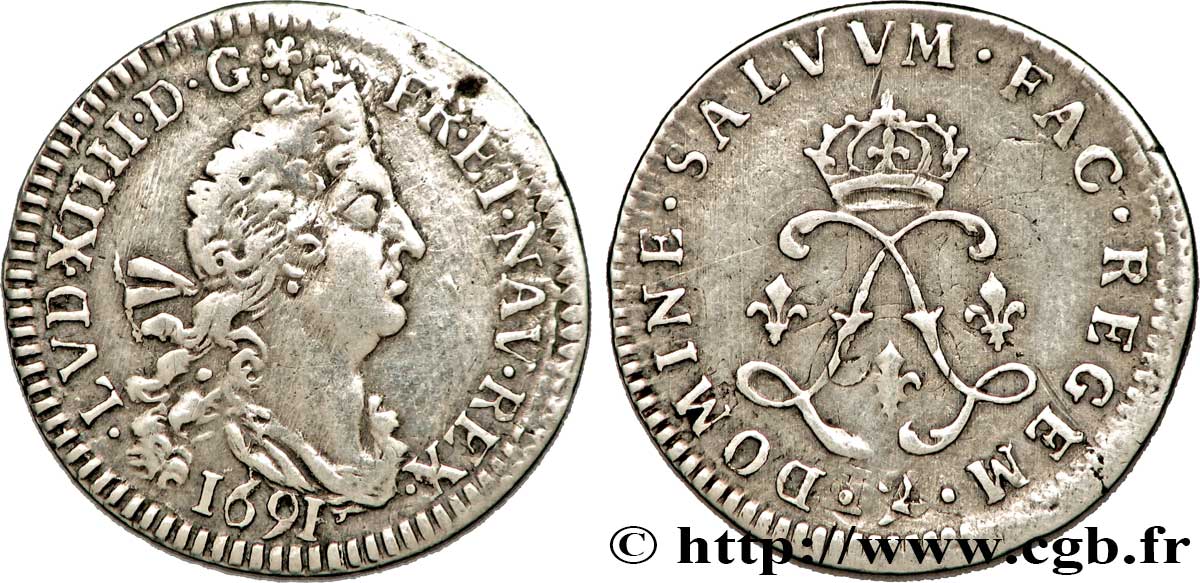 LOUIS XIV LE GRAND OU LE ROI SOLEIL Quatre sols aux deux L 1691 Rennes TB+