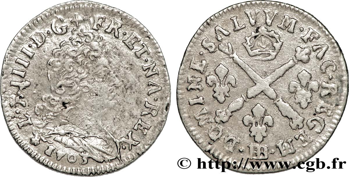 LOUIS XIV LE GRAND OU LE ROI SOLEIL Cinq sols aux insignes 1703 Strasbourg TTB