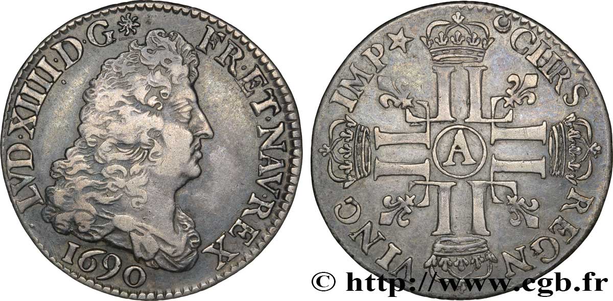 LOUIS XIV  THE SUN KING  Quart d écu aux huit L, 1er type 1690 Paris AU