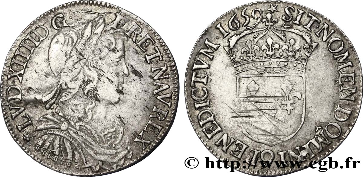 LOUIS XIV LE GRAND OU LE ROI SOLEIL Demi-écu, portrait à la mèche longue 1659 Rennes TB