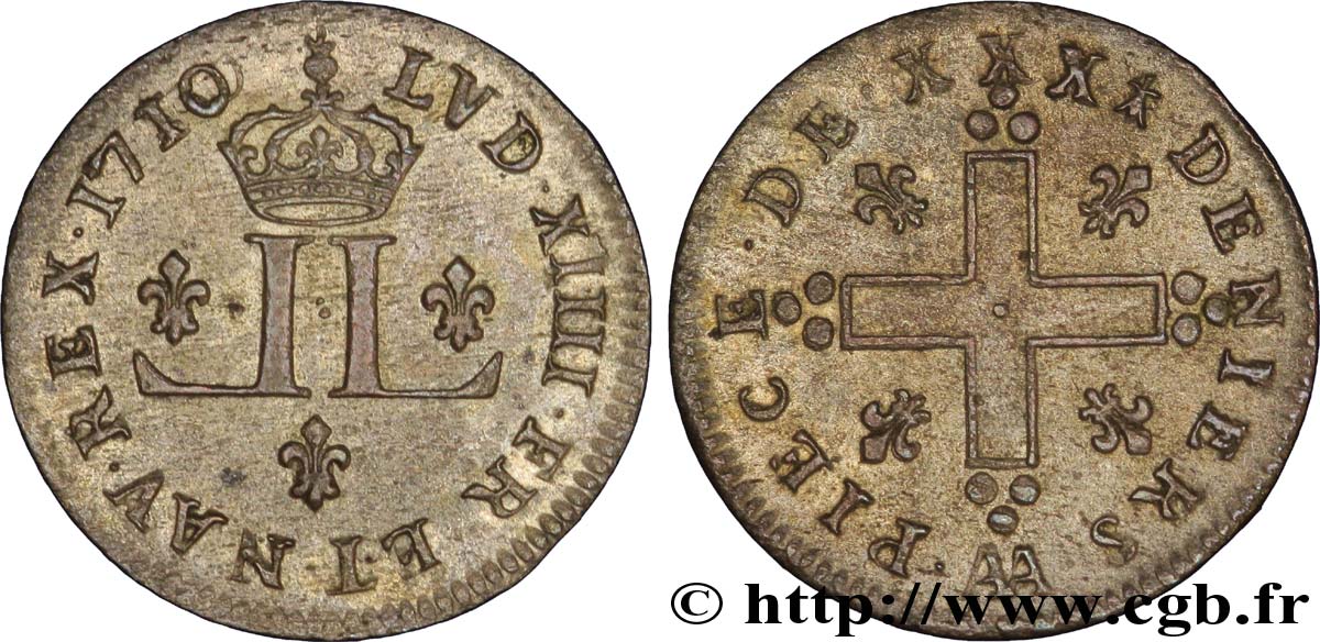 LOUIS XIV  THE SUN KING  XXX deniers aux 2 L couronnées 1710 Metz fVZ