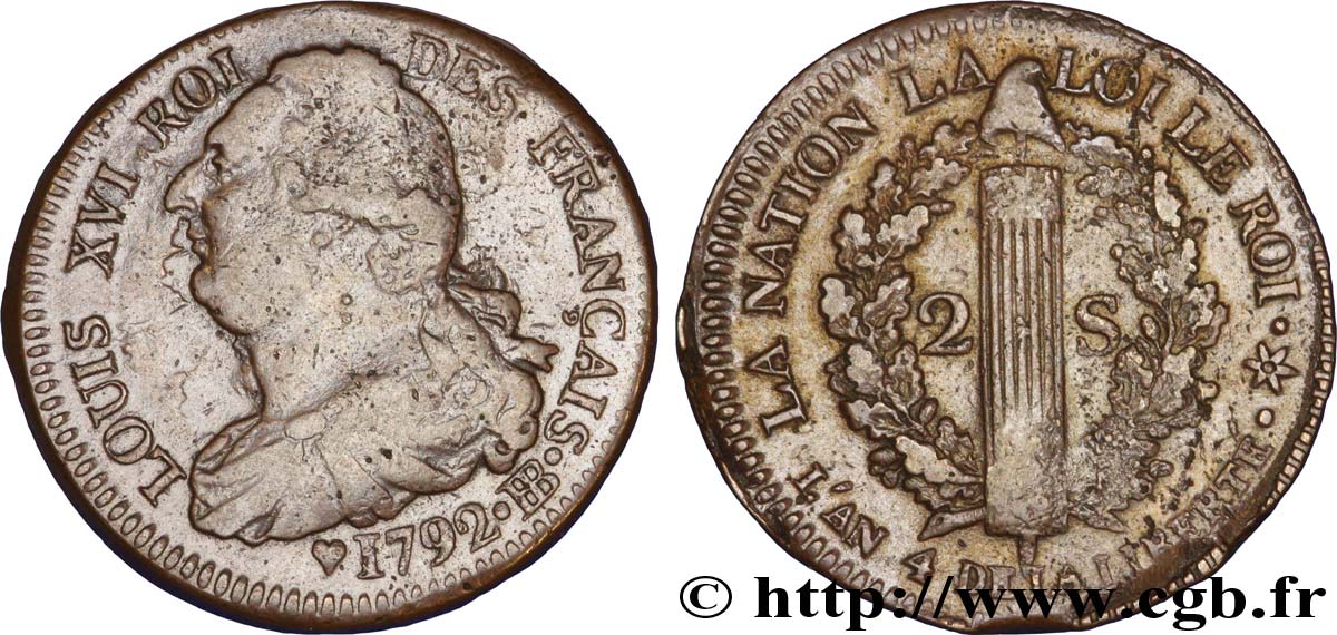 LOUIS XVI 2 sols dit  au faisceau , type FRANÇAIS 1792 Strasbourg XF