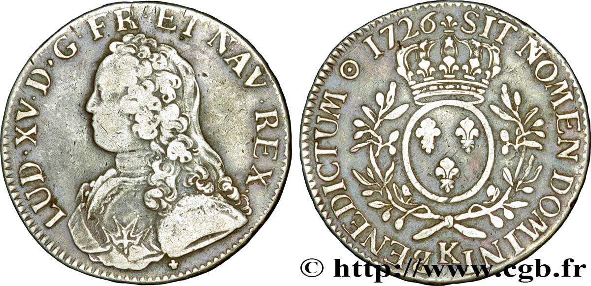 LOUIS XV DIT LE BIEN AIMÉ Écu aux branches d&nbsp;olivier, buste habillé 1726 Bordeaux TTB