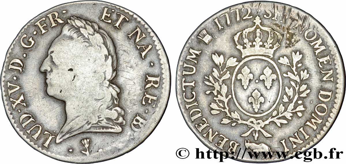 LOUIS XV DIT LE BIEN AIMÉ Écu aux branches d’olivier, buste lauré 1772 Pau TB+/TTB