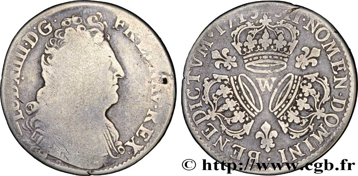 LOUIS XIV  THE SUN KING  Quart d écu aux trois couronnes 1713 Lille q.MB/MB