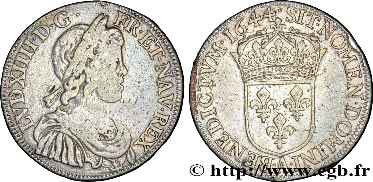 LOUIS XIV LE GRAND OU LE ROI SOLEIL Demi-écu, portrait à la mèche courte 1644 Paris, Monnaie du Louvre TTB