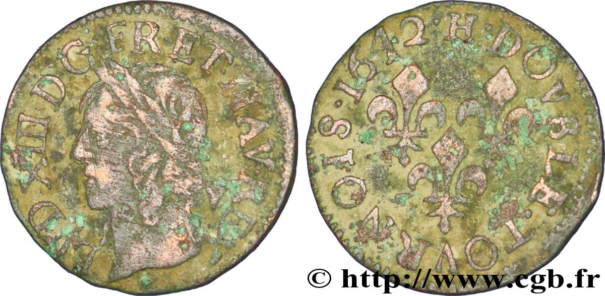 LOUIS XIII LE JUSTE Double tournois, type de Warin 1642 La Rochelle TB+