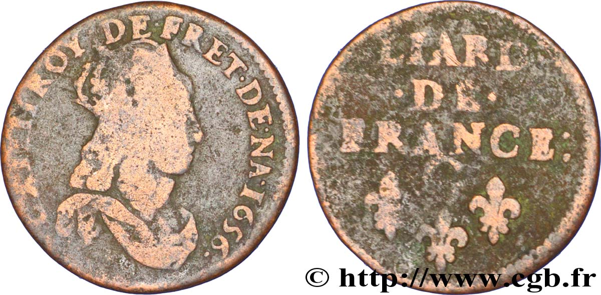 LOUIS XIV  THE SUN KING  Liard de cuivre, 2e type 1656 Lusignan VG