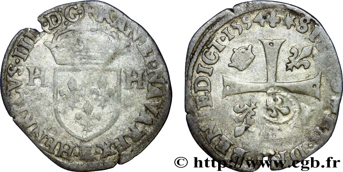 HENRY IV Douzain aux deux H, 2e type, contremarqué en quinzain sous Louis XIII 1594 Tours S
