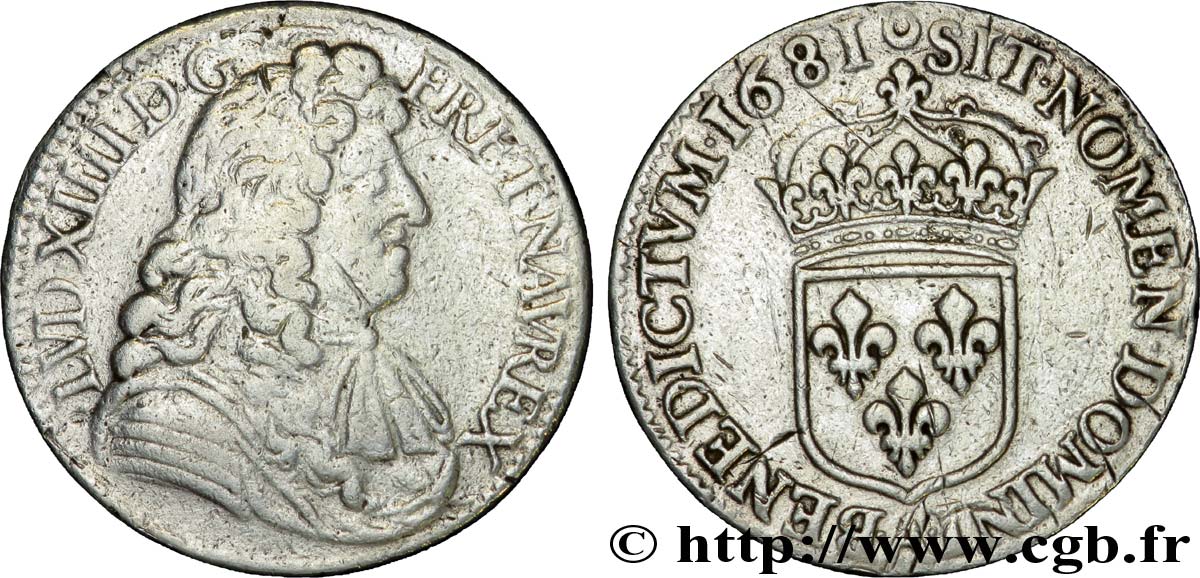 LOUIS XIV  THE SUN KING  Demi-écu, portrait à la cravate courte 1681 Paris VF