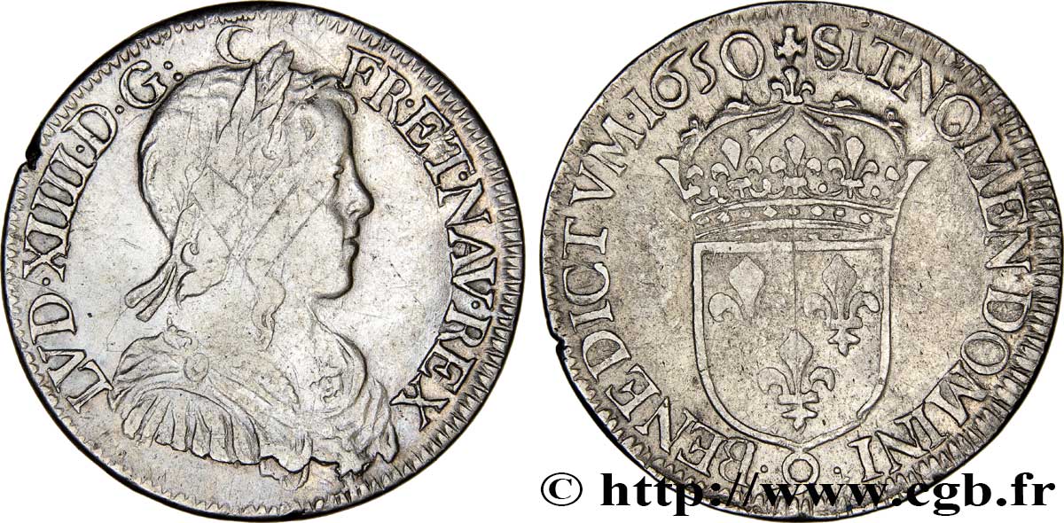 LOUIS XIV LE GRAND OU LE ROI SOLEIL Demi-écu, portrait à la mèche longue 1650 Rennes TTB