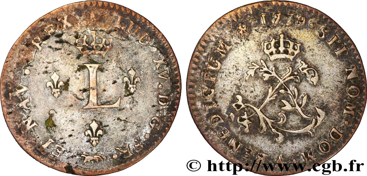 LOUIS XV DIT LE BIEN AIMÉ Double sol de billon 1739 Paris TB
