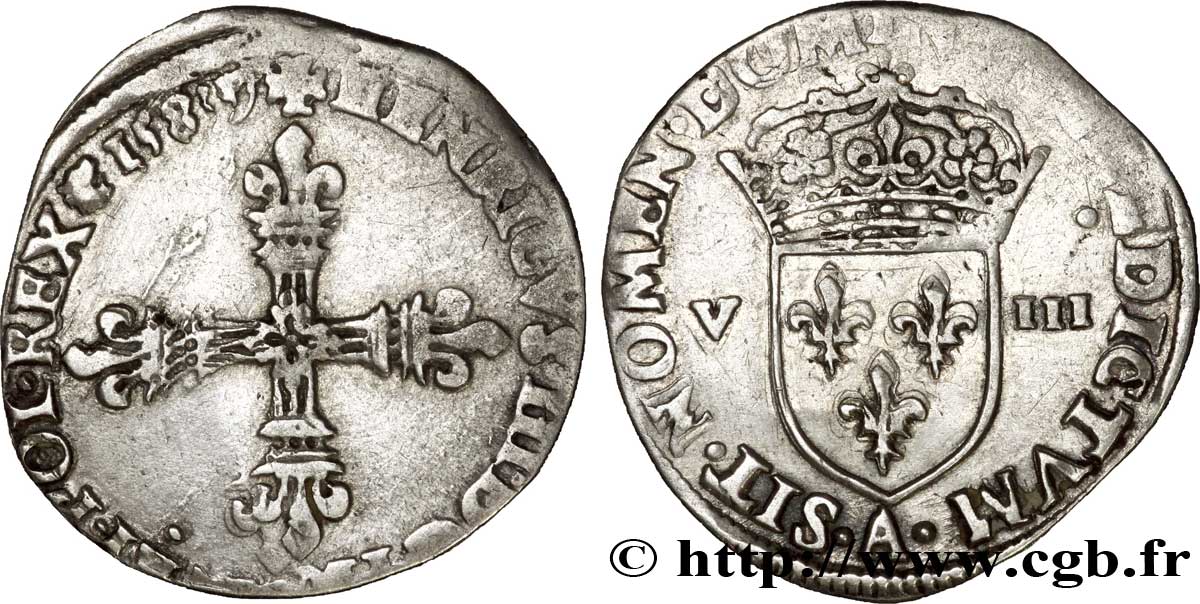 HENRI III Huitième d&nbsp;écu, croix de face 1589 Paris TTB