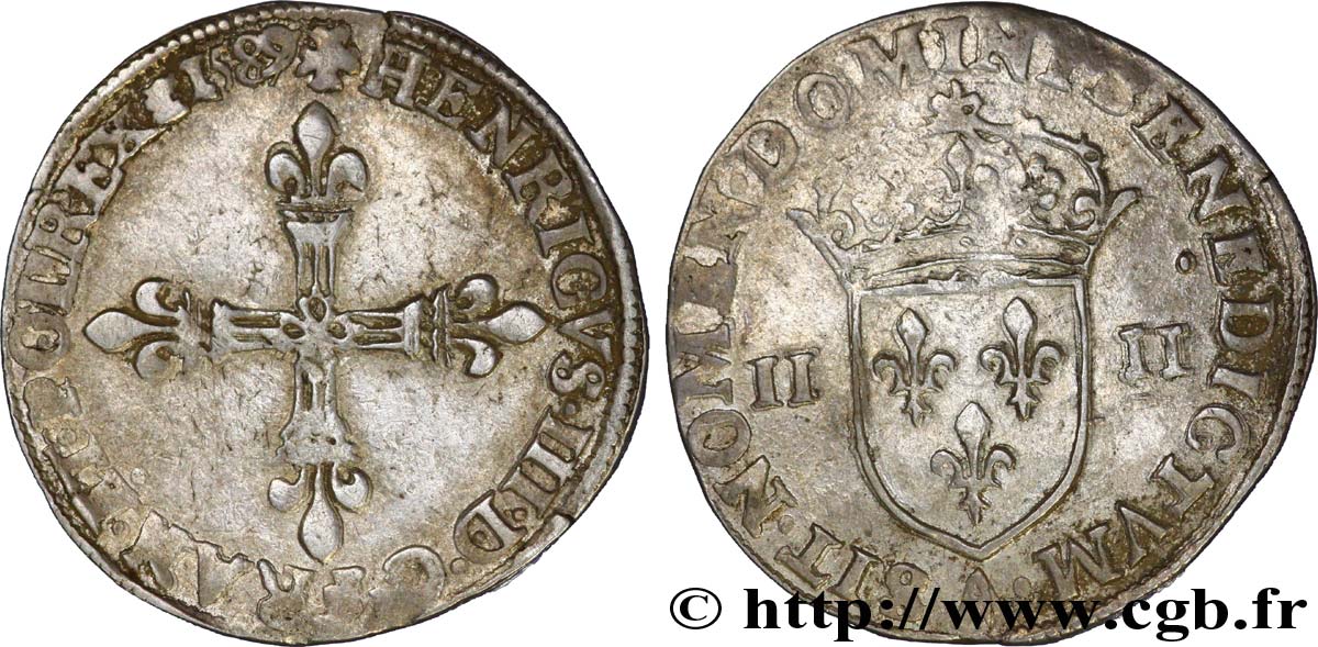 HENRY III Quart d écu, croix de face 1589 Paris VF/XF