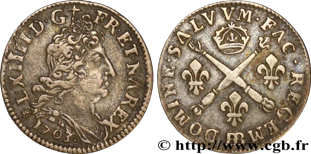 LOUIS XIV  THE SUN KING  Cinq sols aux insignes 1703 Strasbourg BB
