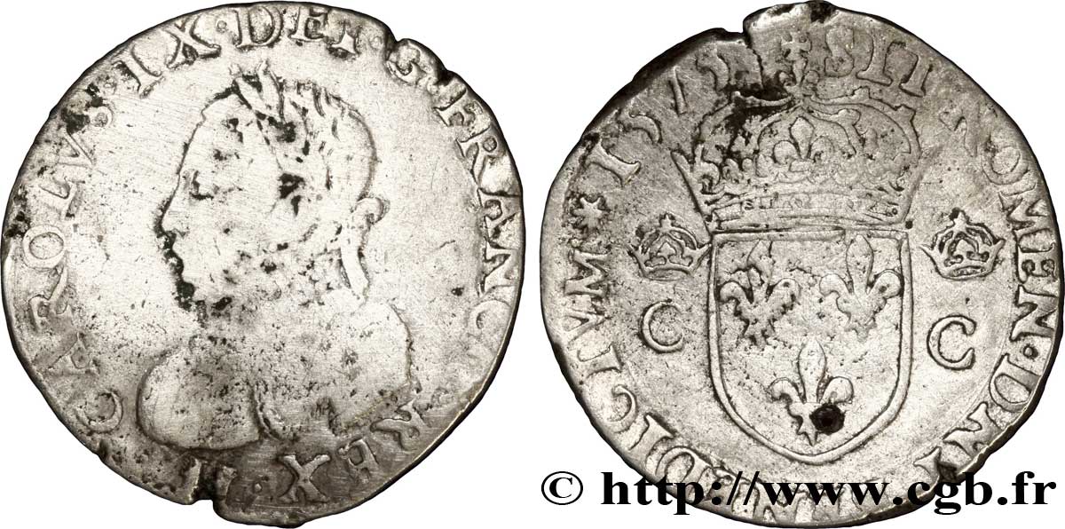 HENRY III. COINAGE IN THE NAME OF CHARLES IX Teston, 10e type 1575 La rochelle VF