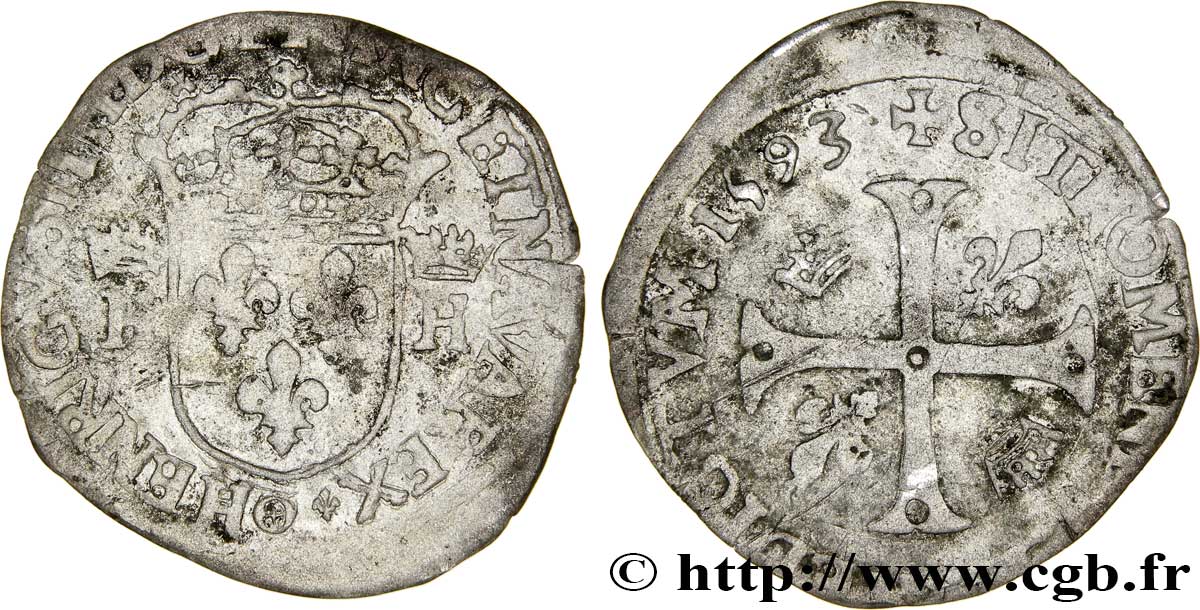 HENRI IV LE GRAND Douzain aux deux H couronnées, 9ème type 1593 Clermont-Ferrand TB+