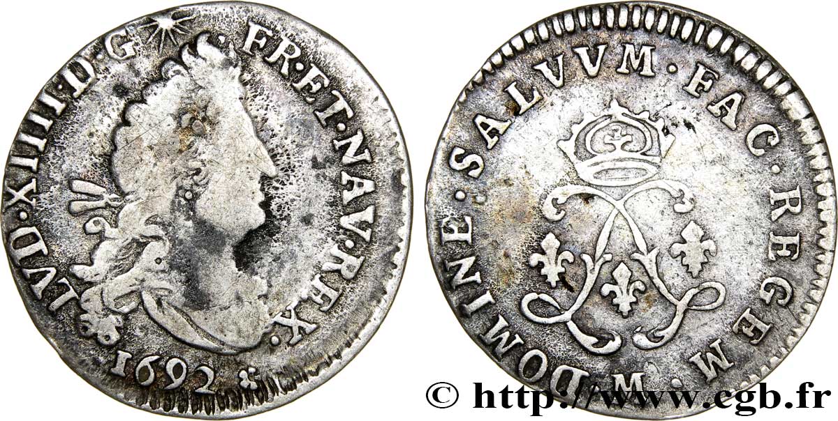 LOUIS XIV LE GRAND OU LE ROI SOLEIL Quatre sols aux deux L 1692 Toulouse TB