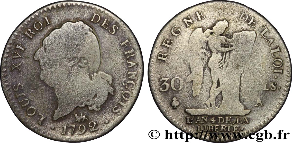 LOUIS XVI 30 sols dit &nbsp;au génie&nbsp;, type FRANÇOIS 1792 Paris VG