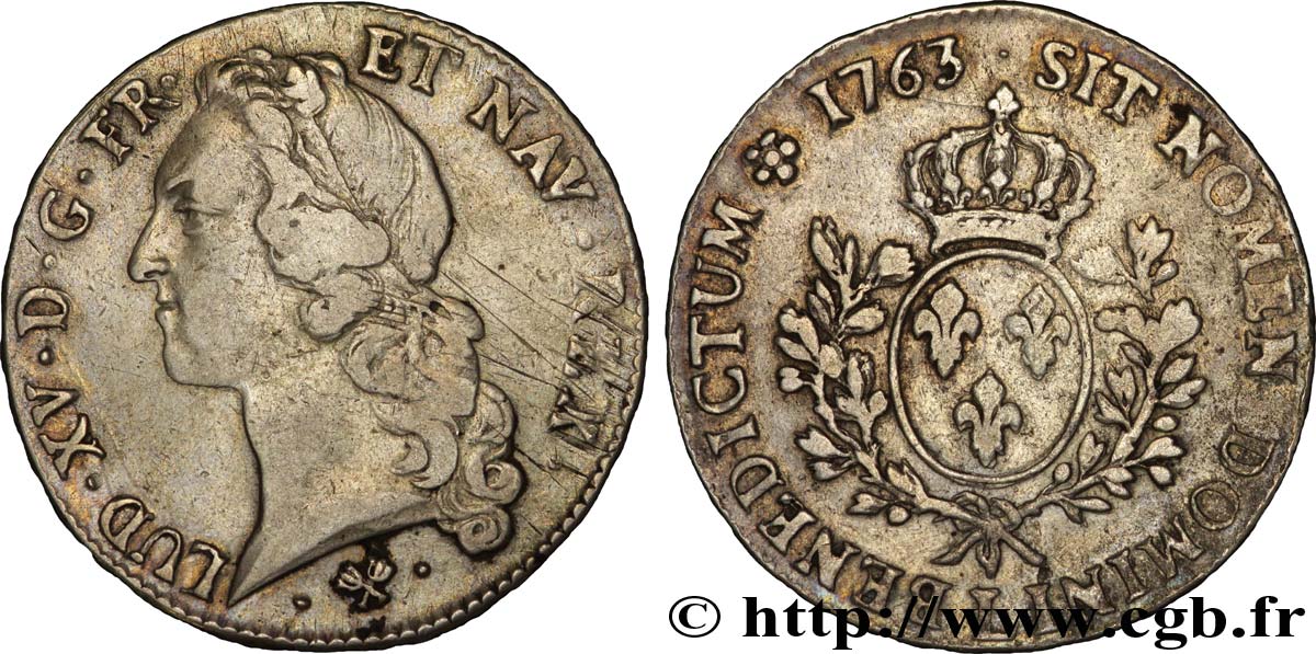 LOUIS XV DIT LE BIEN AIMÉ Écu aux branches d’olivier, tête ceinte d’un bandeau 1763 Bayonne TB+