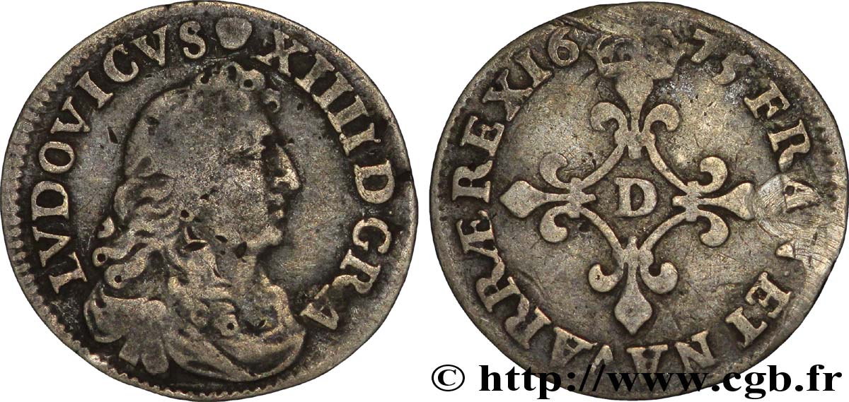 LOUIS XIV LE GRAND OU LE ROI SOLEIL Quatre sols à la croix formée de lis 1675 Vimy-en-Lyonnais (actuellement Neuville-sur-Saône) TB