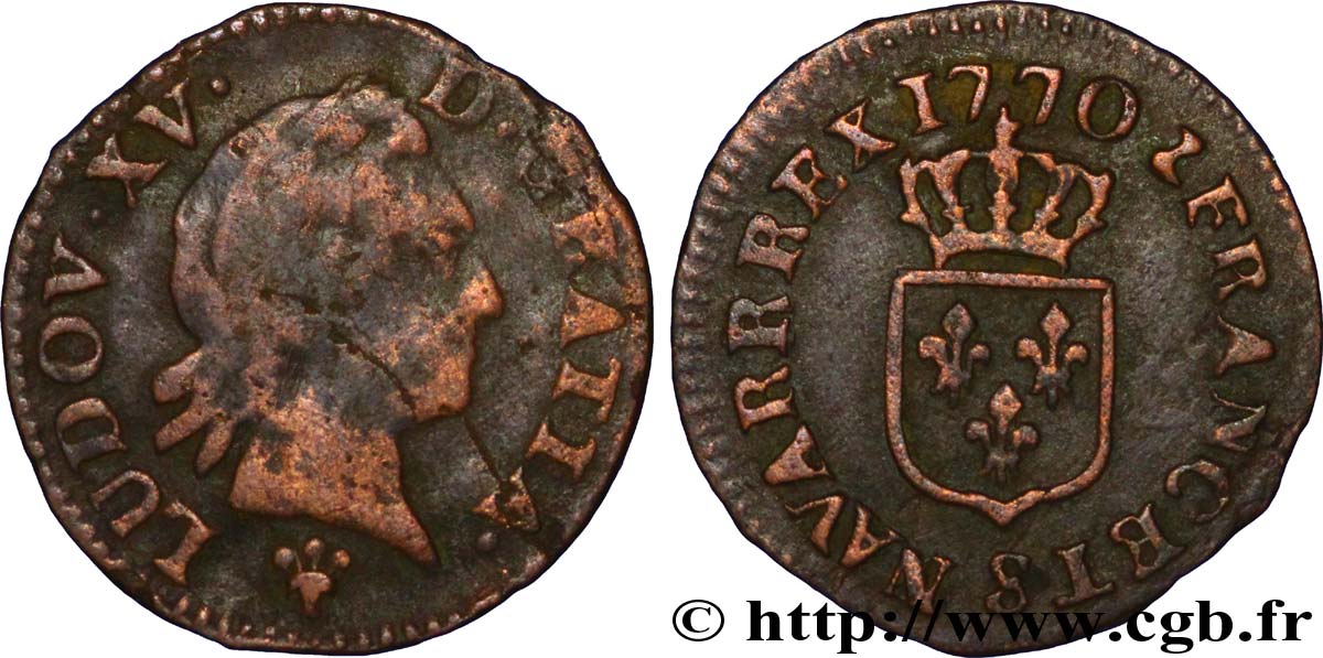 LOUIS XV DIT LE BIEN AIMÉ Liard dit  à la vieille tête  1770 Reims B+/TB