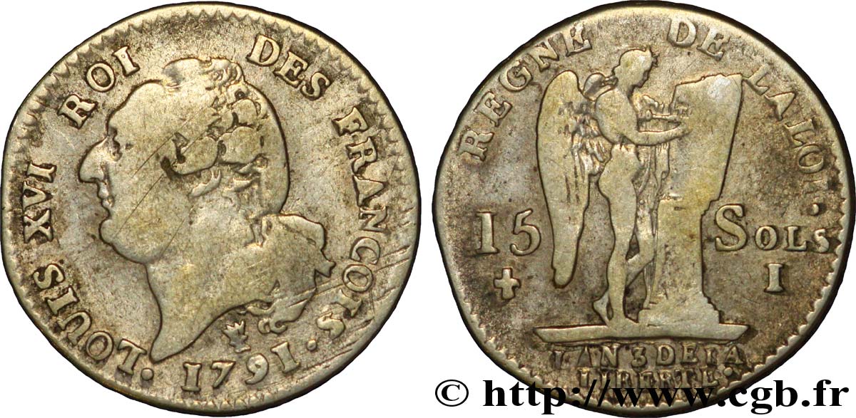 LOUIS XVI (MONARQUE CONSTITUTIONNEL)  15 sols dit &nbsp;au génie&nbsp;, type FRANCOIS 1791 Limoges TB+