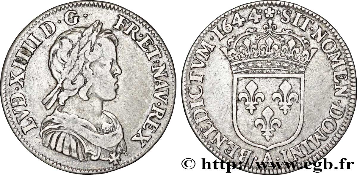 LOUIS XIV LE GRAND OU LE ROI SOLEIL Quart d&nbsp;écu, portrait à la mèche courte 1644 Paris, Monnaie de Matignon TTB