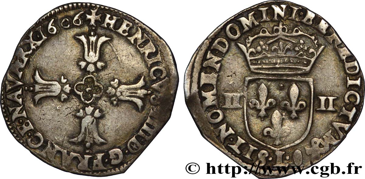 HENRI IV LE GRAND Quart d&nbsp;écu, croix feuillue de face 1606 Bayonne TB+