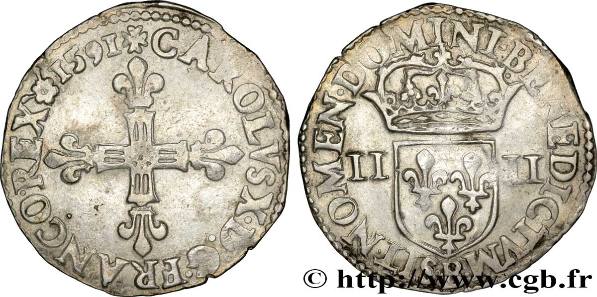 CHARLES X, CARDINAL DE BOURBON Quart d&nbsp;écu, croix de face 1591 Rouen TTB