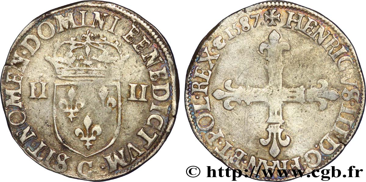 HENRY III Quart d écu, croix de face 1587 Saint-Lô SS