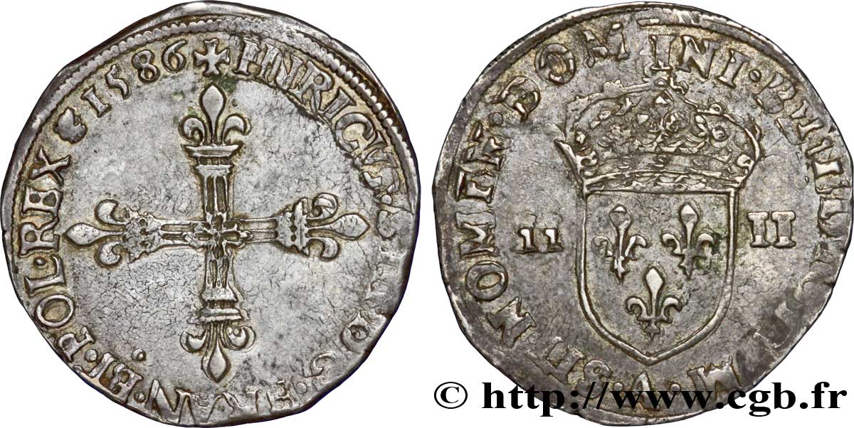 HENRI III Quart d écu, croix de face 1586 Paris TTB