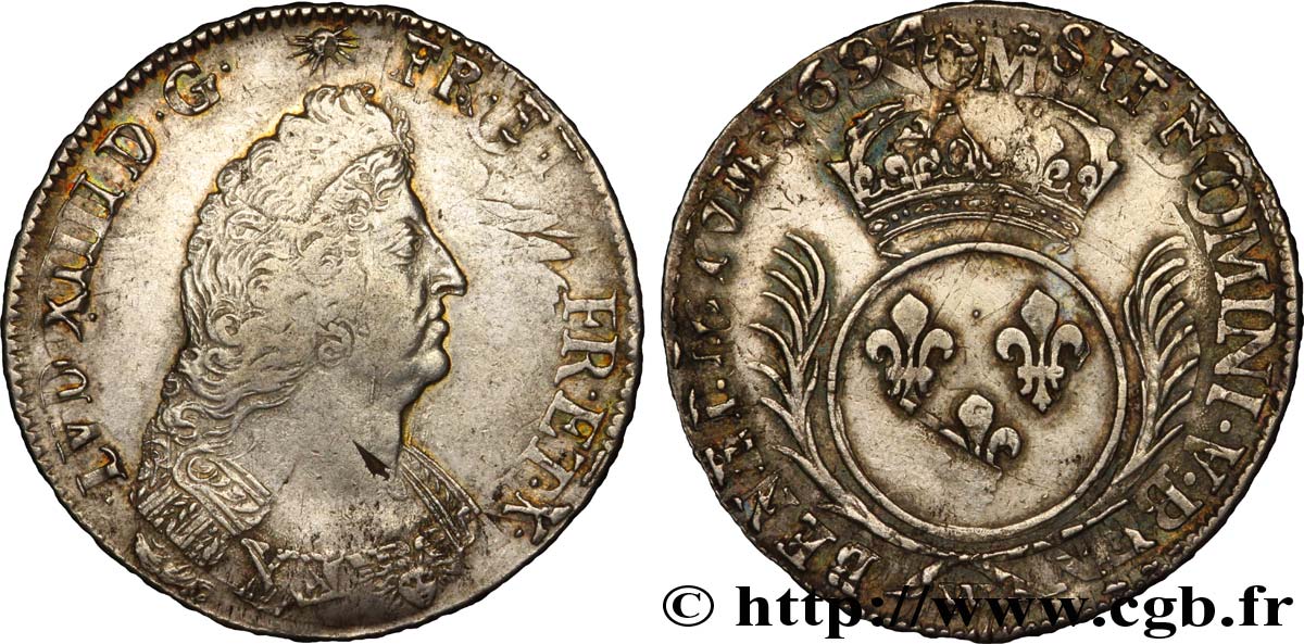 LOUIS XIV LE GRAND OU LE ROI SOLEIL Écu aux palmes 1694 Lille TTB