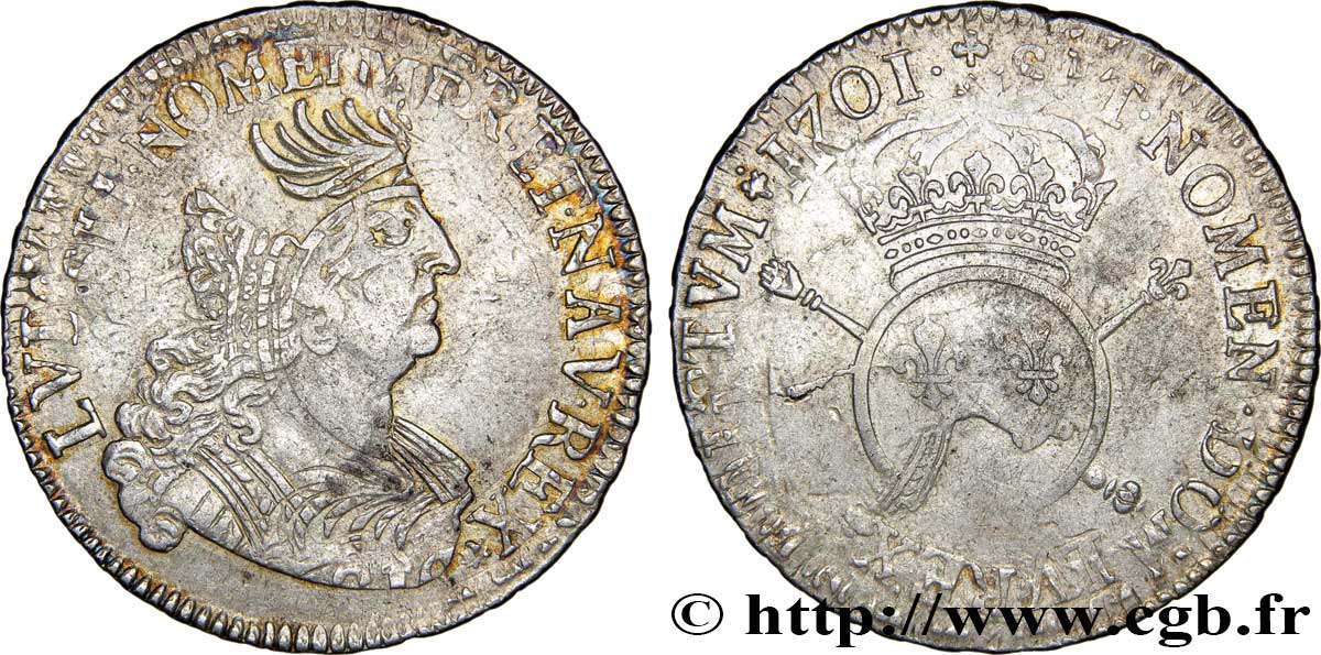 LOUIS XIV LE GRAND OU LE ROI SOLEIL Demi-écu aux insignes 1701 Paris TB+