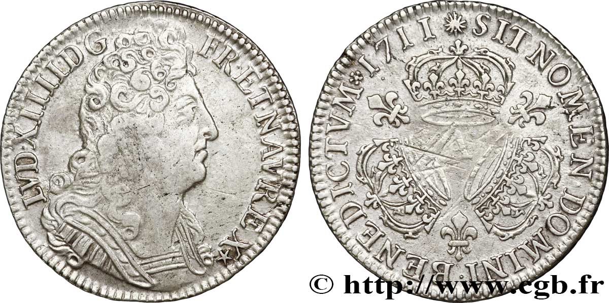 LOUIS XIV LE GRAND OU LE ROI SOLEIL Quart d&nbsp;écu aux trois couronnes 1711 Paris TTB