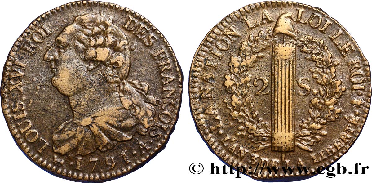LOUIS XVI 2 sols dit  au faisceau , type FRANÇOIS 1791 Paris MBC