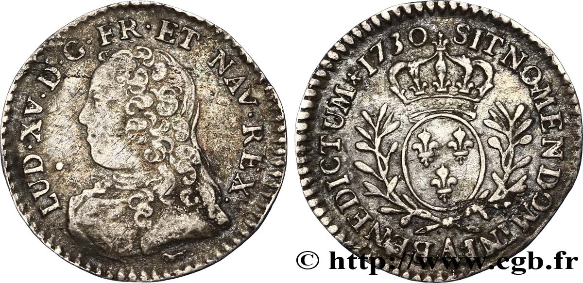 LOUIS XV DIT LE BIEN AIMÉ Vingtième d’écu aux branches d’olivier, buste habillé 1730 Paris TTB
