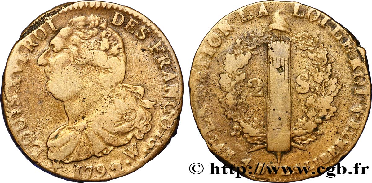 LOUIS XVI (MONARQUE CONSTITUTIONNEL)  2 sols dit  au faisceau , type FRANÇOIS 1792 Arras TB+