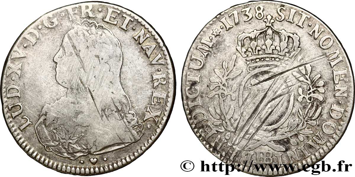 LOUIS XV DIT LE BIEN AIMÉ Écu aux branches d&nbsp;olivier, buste habillé 1738 Strasbourg TB