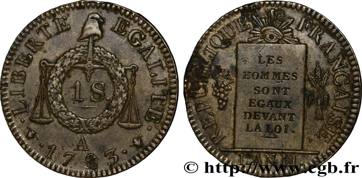 LA CONVENTION Essai de la pièce de un sol dite &nbsp;à la table de Loi&nbsp; 1793 Paris TTB+