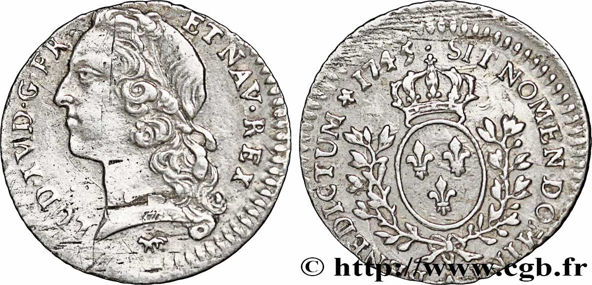 LOUIS XV DIT LE BIEN AIMÉ Vingtième d&nbsp;écu aux branches d’olivier, tête ceinte d’un bandeau 1745 Paris TTB