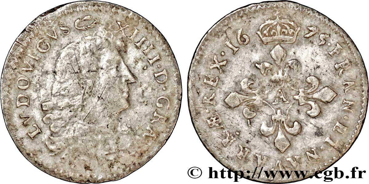 LOUIS XIV LE GRAND OU LE ROI SOLEIL Quatre sols à la croix formée de lis 1675 Paris TTB