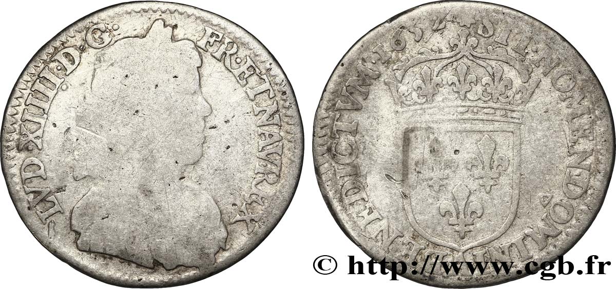 LOUIS XIV LE GRAND OU LE ROI SOLEIL Douzième d&nbsp;écu, portrait à la mèche longue 1652 Paris B