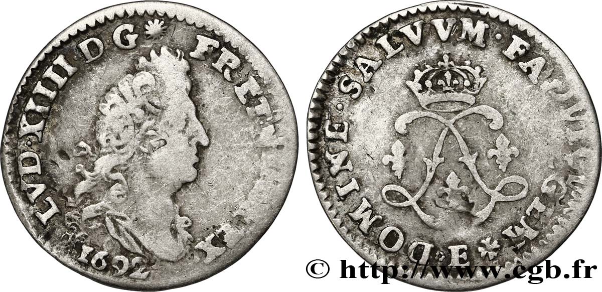 LOUIS XIV LE GRAND OU LE ROI SOLEIL Quatre sols aux deux L 1692 Tours TB+