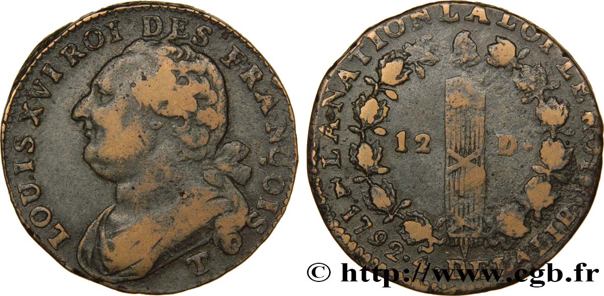 LOUIS XVI (MONARQUE CONSTITUTIONNEL)  12 deniers dit &nbsp;au faisceau&nbsp;, type FRANÇOIS 1792 Saumur TB+