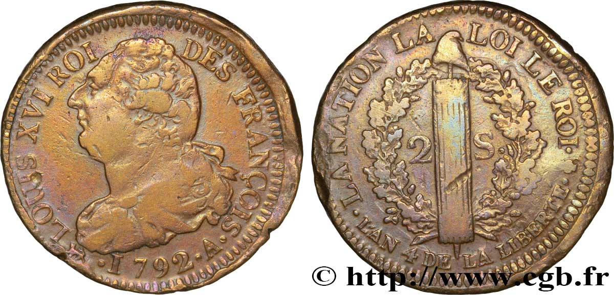 LOUIS XVI (MONARQUE CONSTITUTIONNEL)  2 sols dit  au faisceau , type FRANÇOIS 1792 Paris TB+